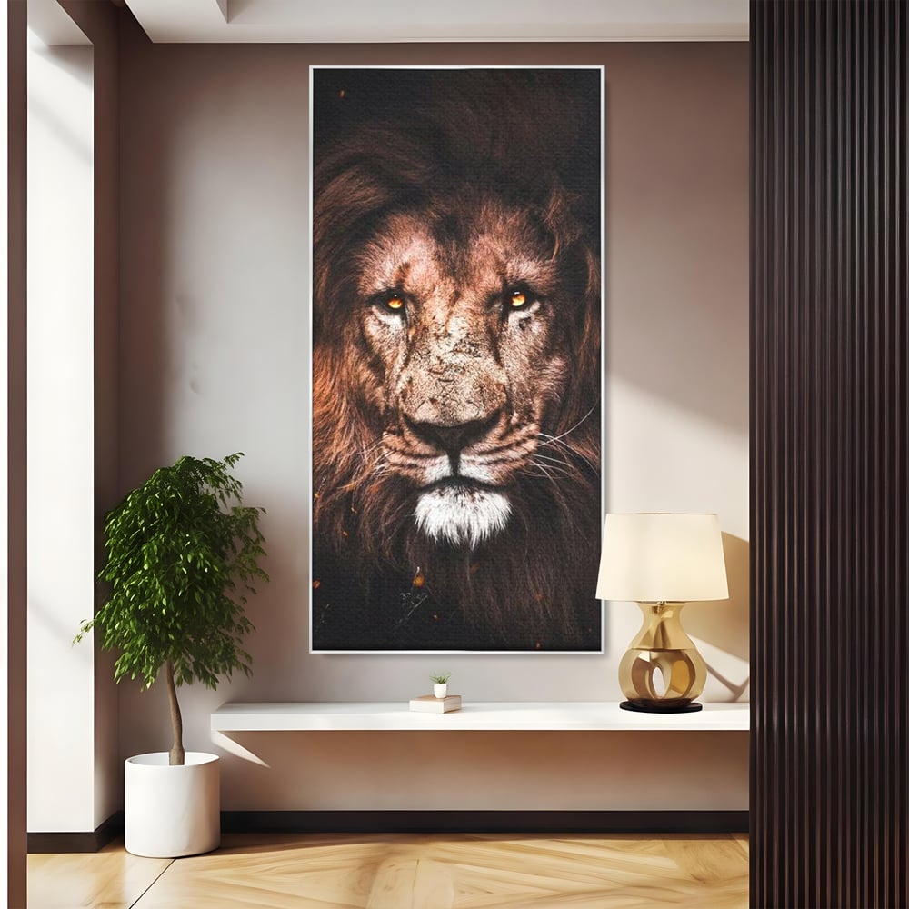 Tablou canvas cu tablou canvas cu leu, in rama de aluminiu argintiu